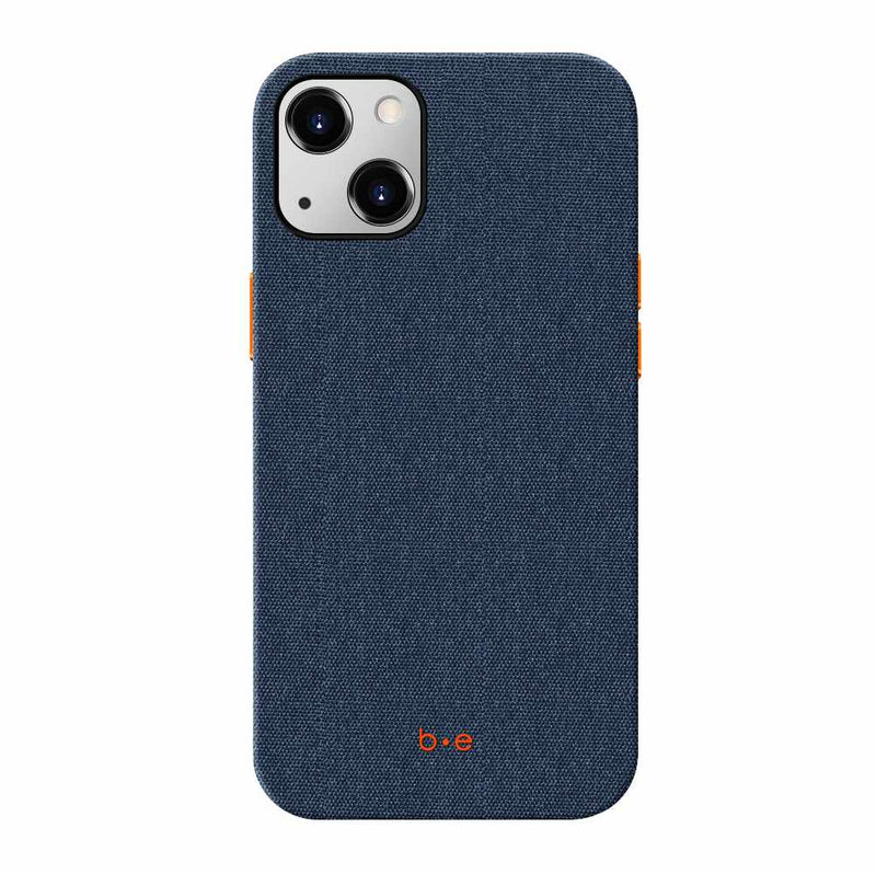 Back view of a navy blue eco-friendly case for the iPhone 13.