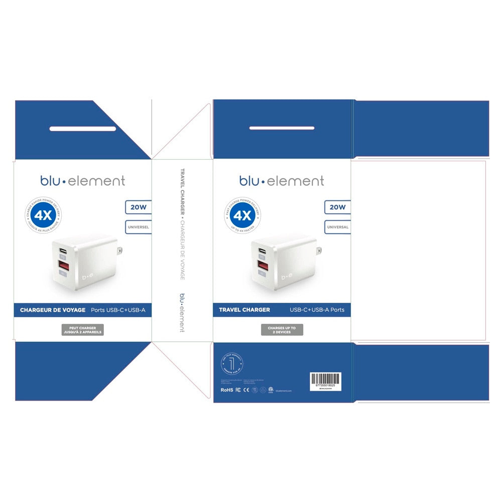 Blu Element Wall Charger Dual USB-C 20W PD and USB-A White