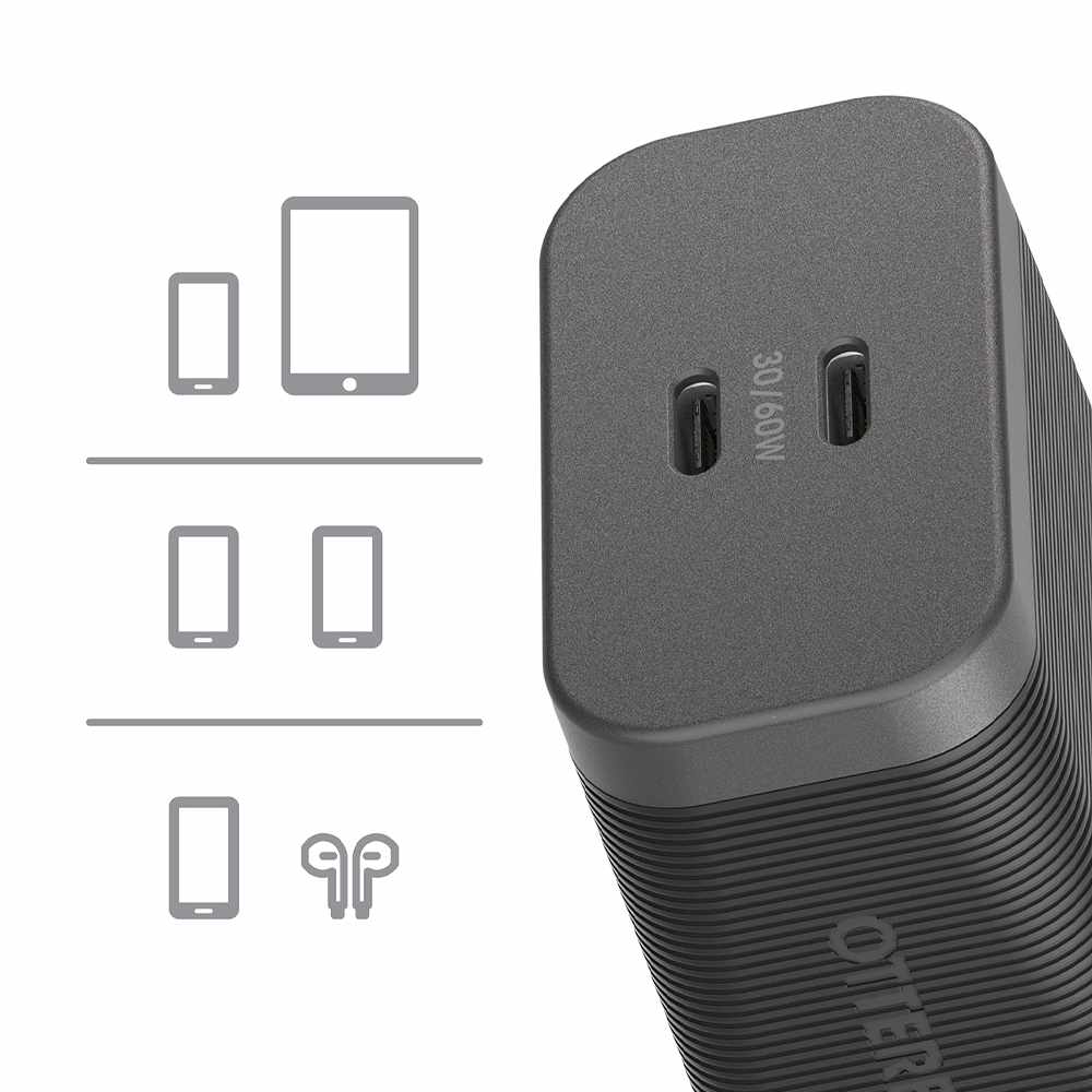 OtterBox Premium Pro Wall Charger 60W GaN PD/PPS 2-port USB-C Black w/ Foldable Prongs