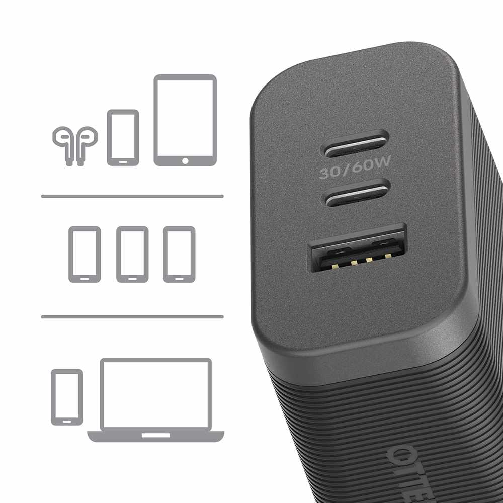 OtterBox Premium Pro Wall Charger 72W PD/PPS 2-Port USB-C & USB-A Black with Foldable Prongs