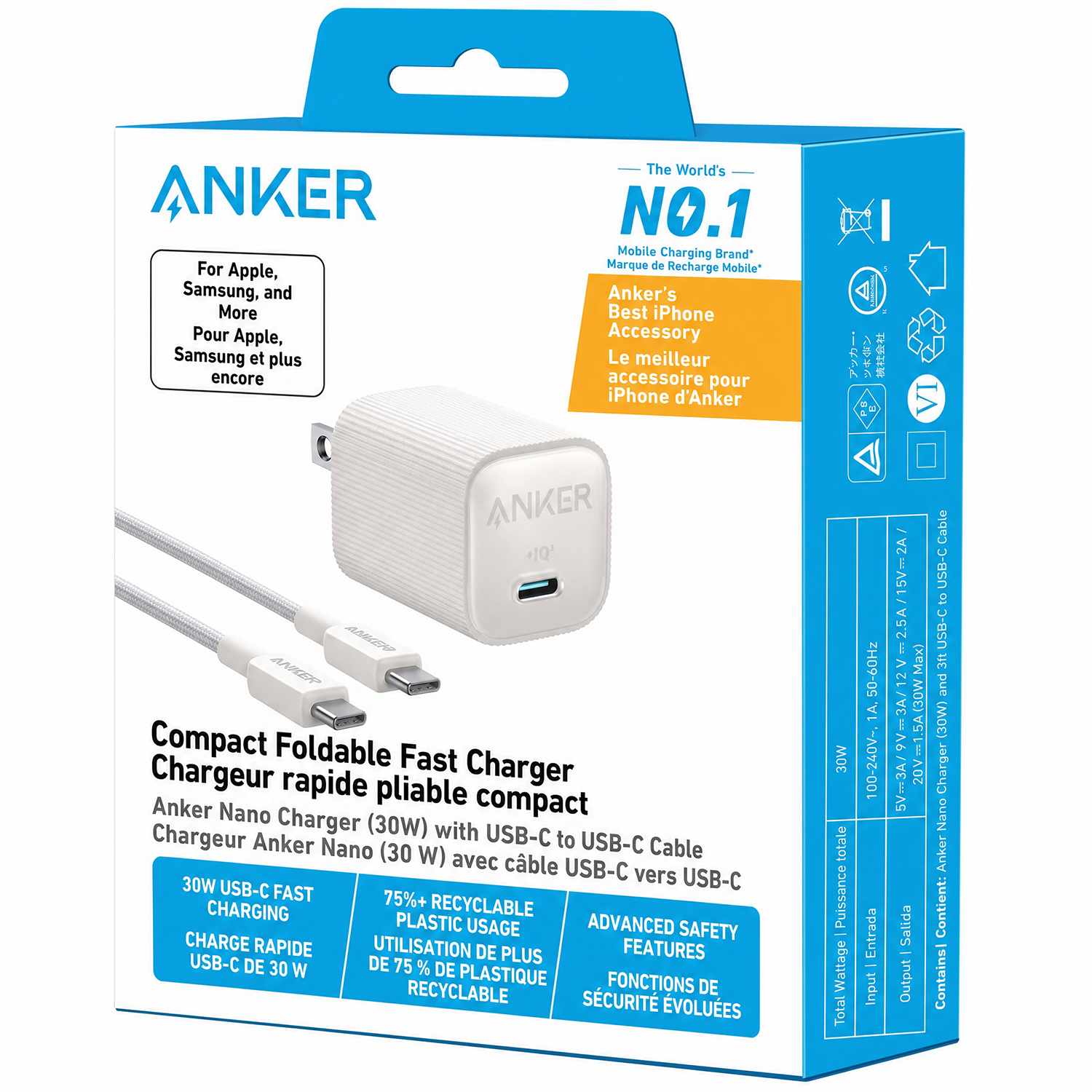 Anker USB-C to USB-C 3 ft 30W Cable White