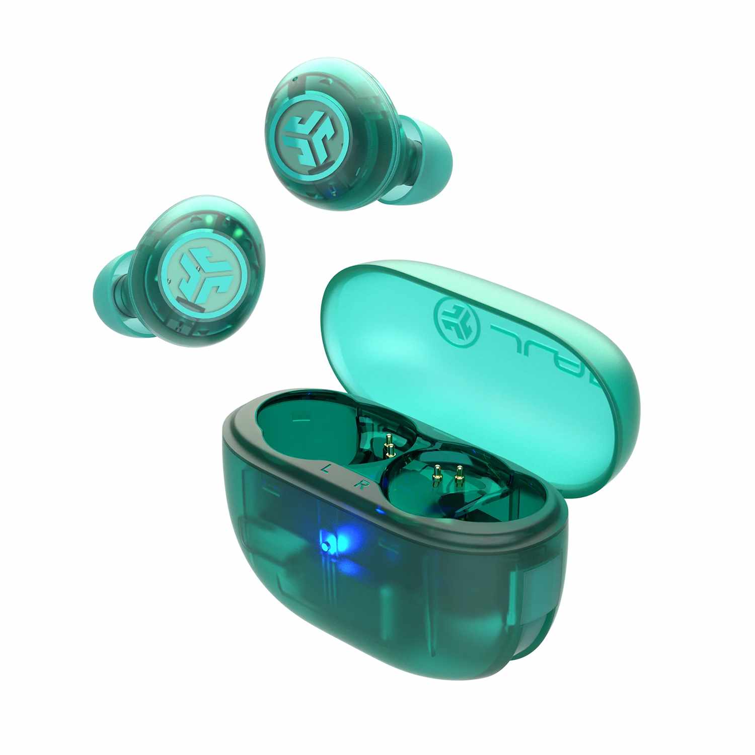 JLab Go Pop True Wireless Earbuds with Active Noise Cancellation Transparent Teal Clear