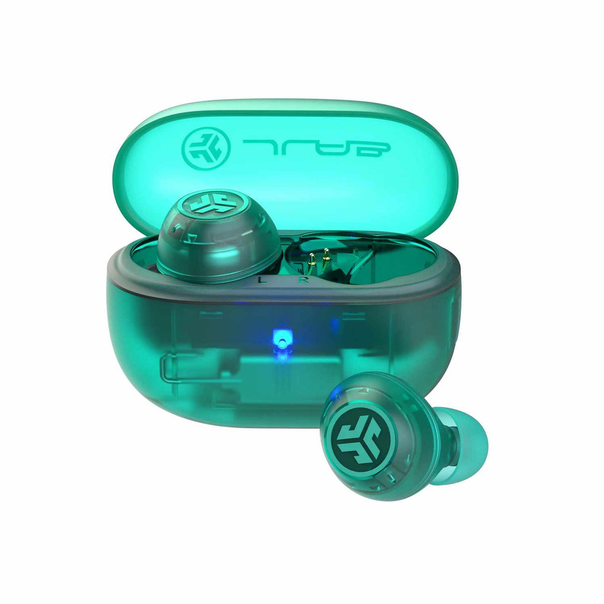 JLab Go Pop True Wireless Earbuds with Active Noise Cancellation Transparent Teal Clear