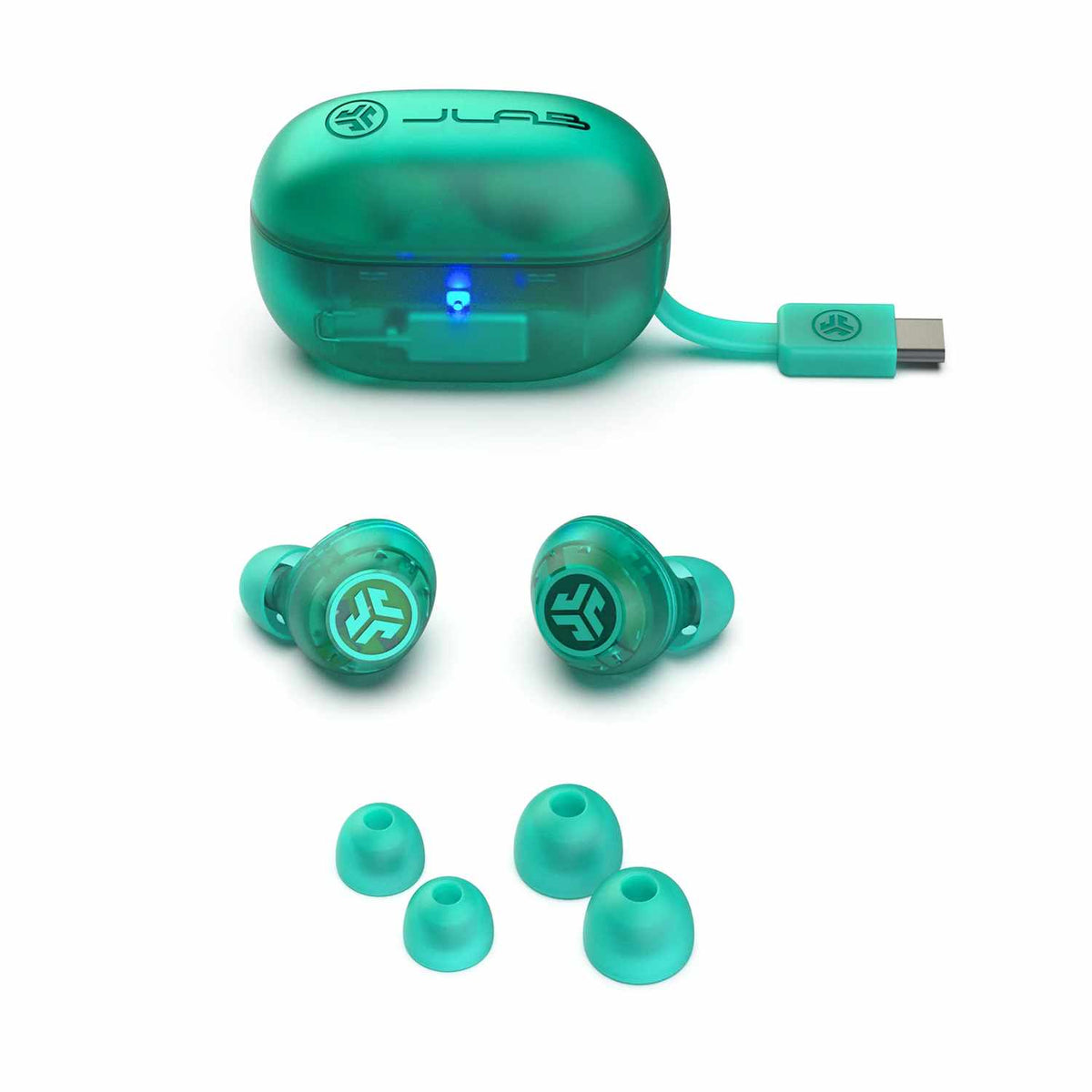 JLab Go Pop True Wireless Earbuds with Active Noise Cancellation Transparent Teal Clear