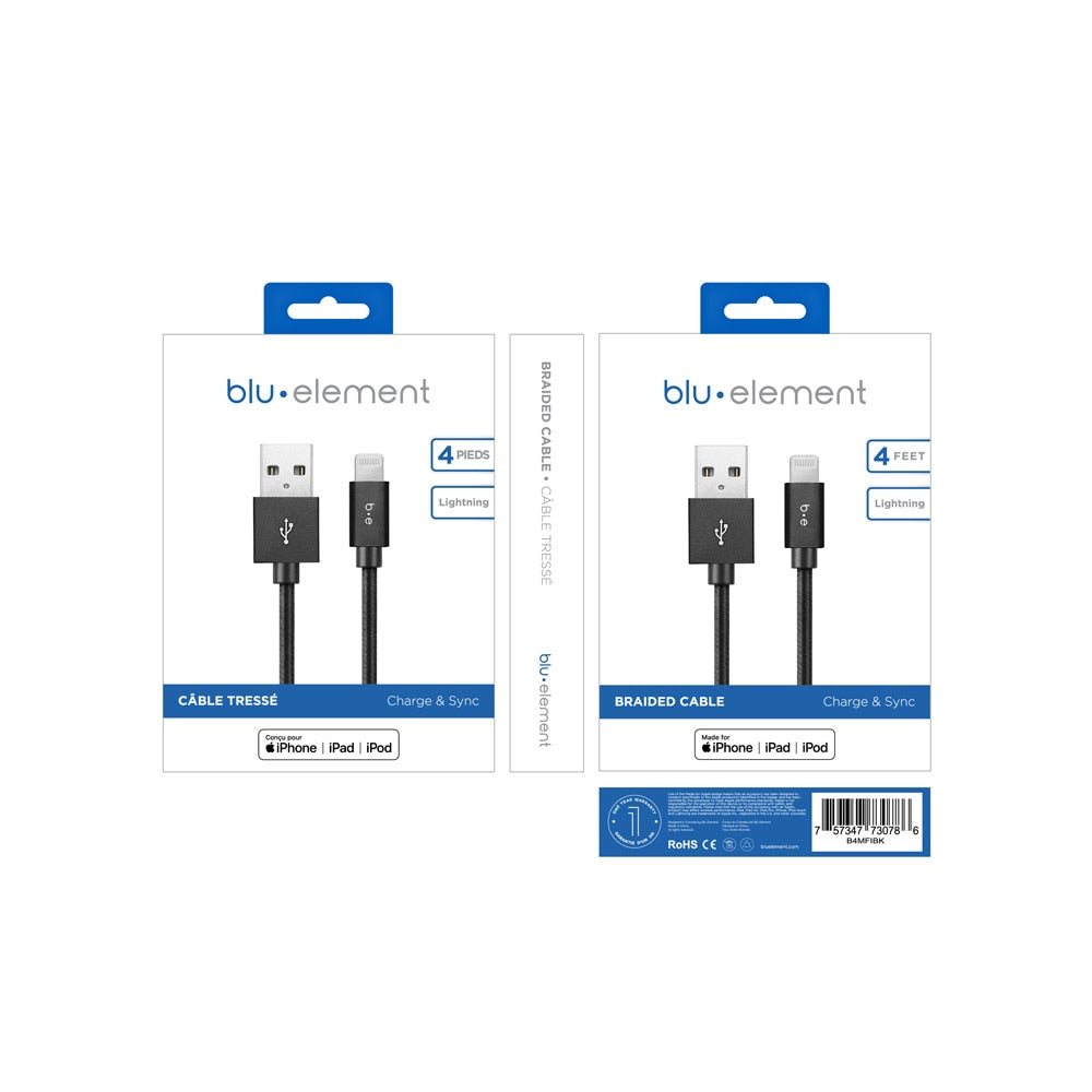 Blu Element Braided Charge/Sync Lightning to USB-A Cable 4 ft Black