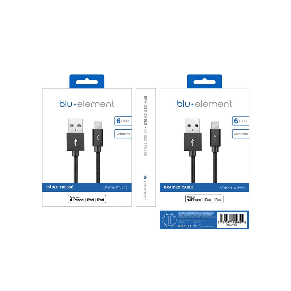 Blu Element Braided Charge/Sync Lightning to USB-A Cable 6 ft Black