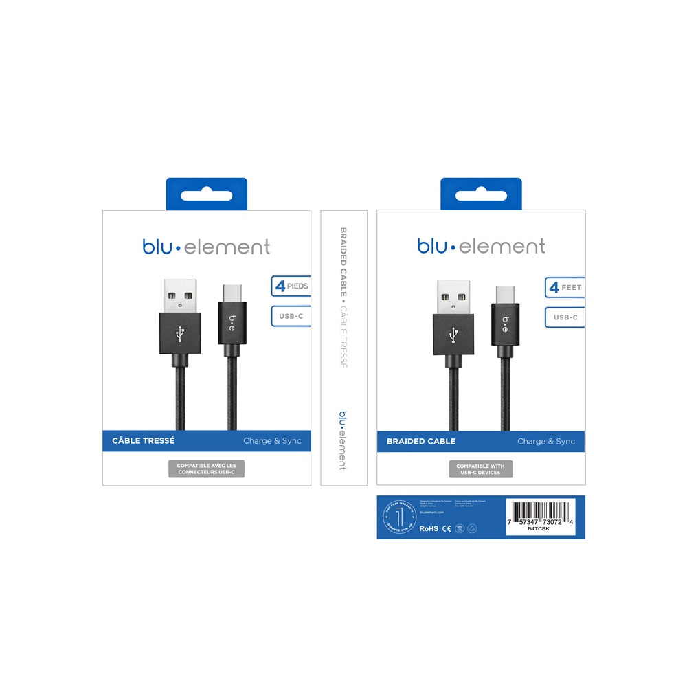 Blu Element USB-A to USB-C 4 ft Braided Cable Black