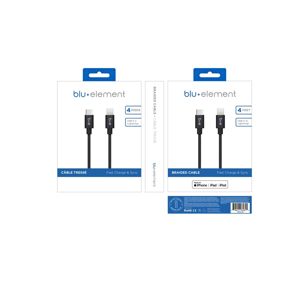 Blu Element USB-C to Lightning 4 ft Braided Cable Black