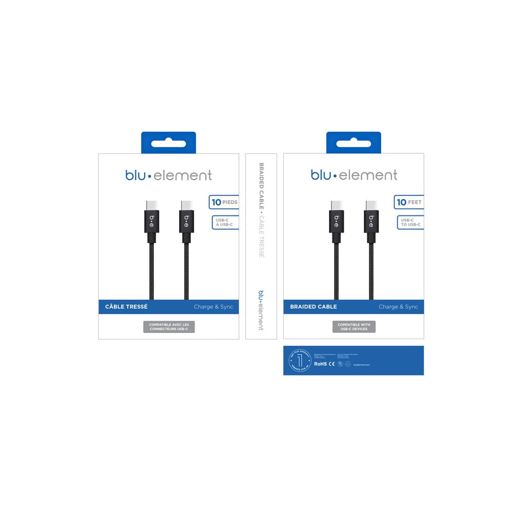 Blu Element USB-C to USB-C 10 ft Braided Cable Black