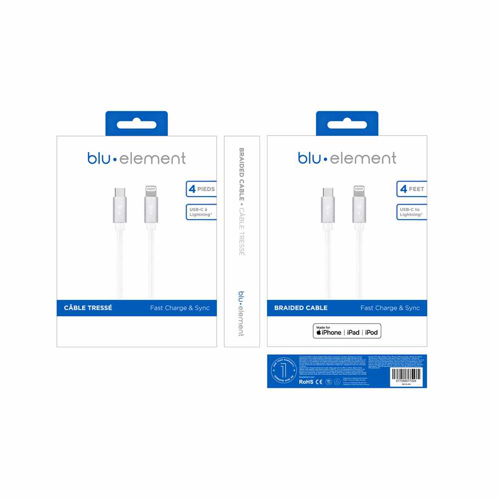 Blu Element USB-C to Lightning 4 ft Braided Cable White
