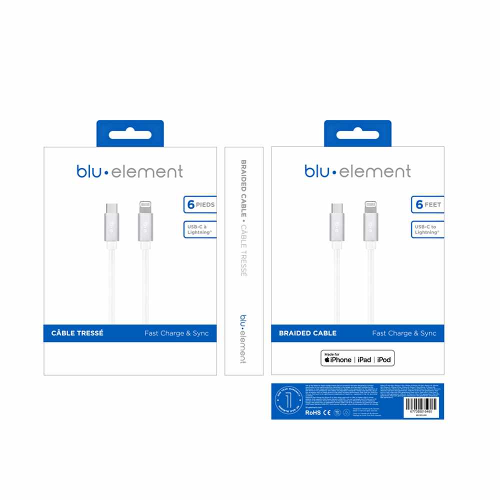 Blu Element USB-C to Lightning 6 ft Braided Cable White