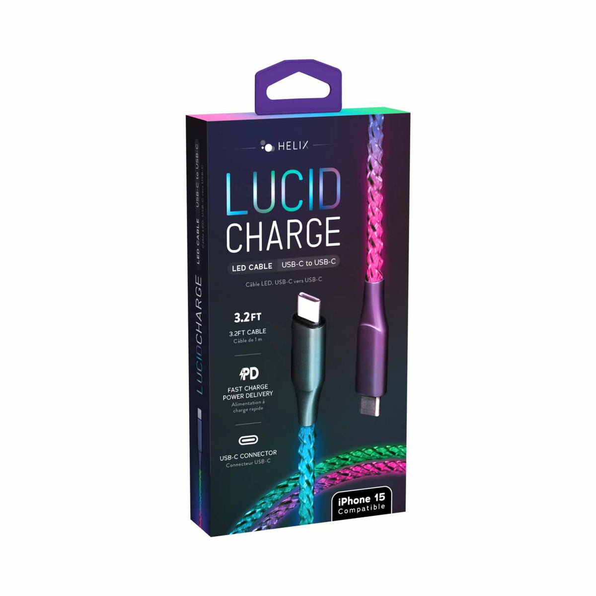 Helix/Retrak Lucid Charge LED USB-C to USB-C Cable 3.2 ft Multi-Color