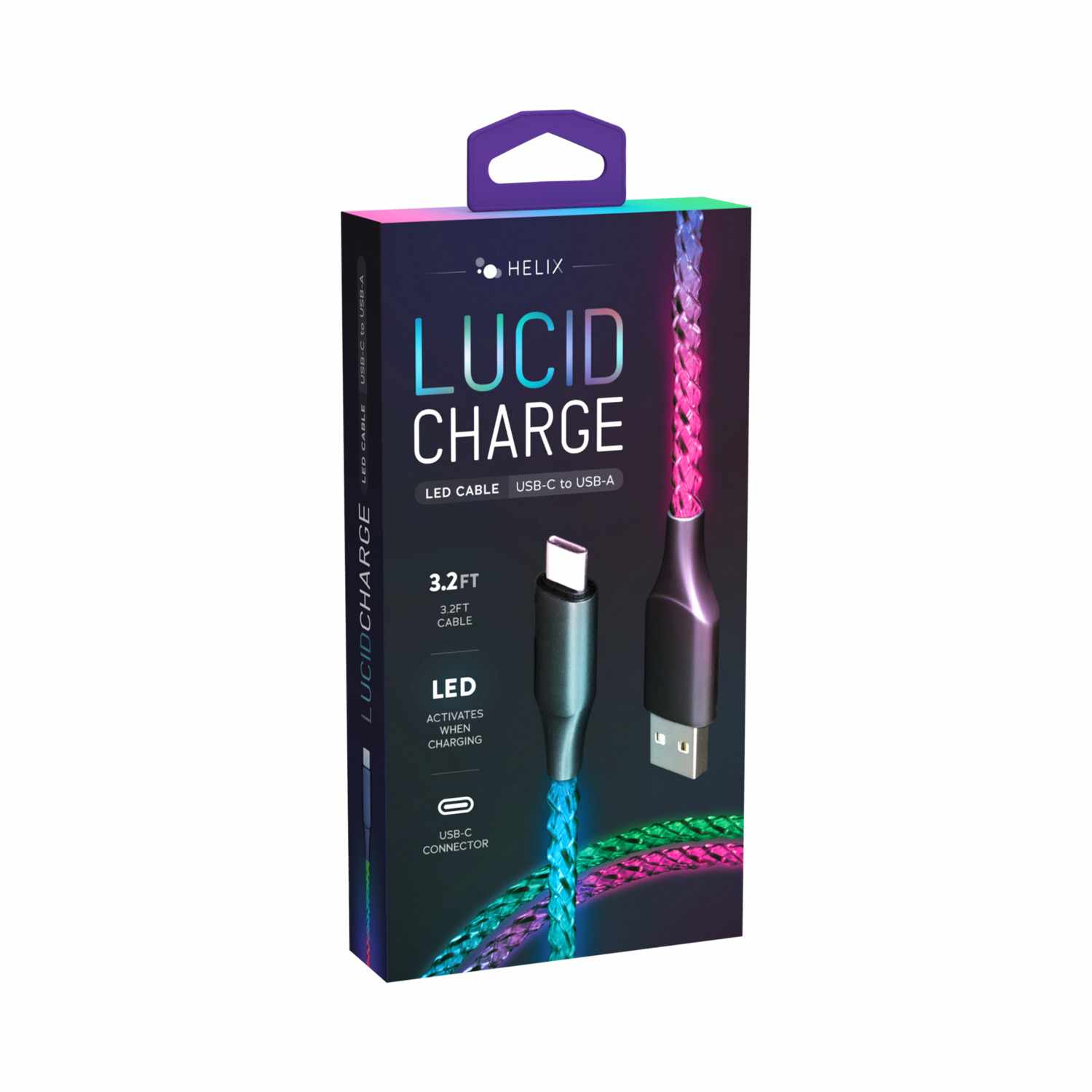 Helix/Retrak Lucid Charge LED USB-A to USB-C Cable 3.2 ft Multi-Color