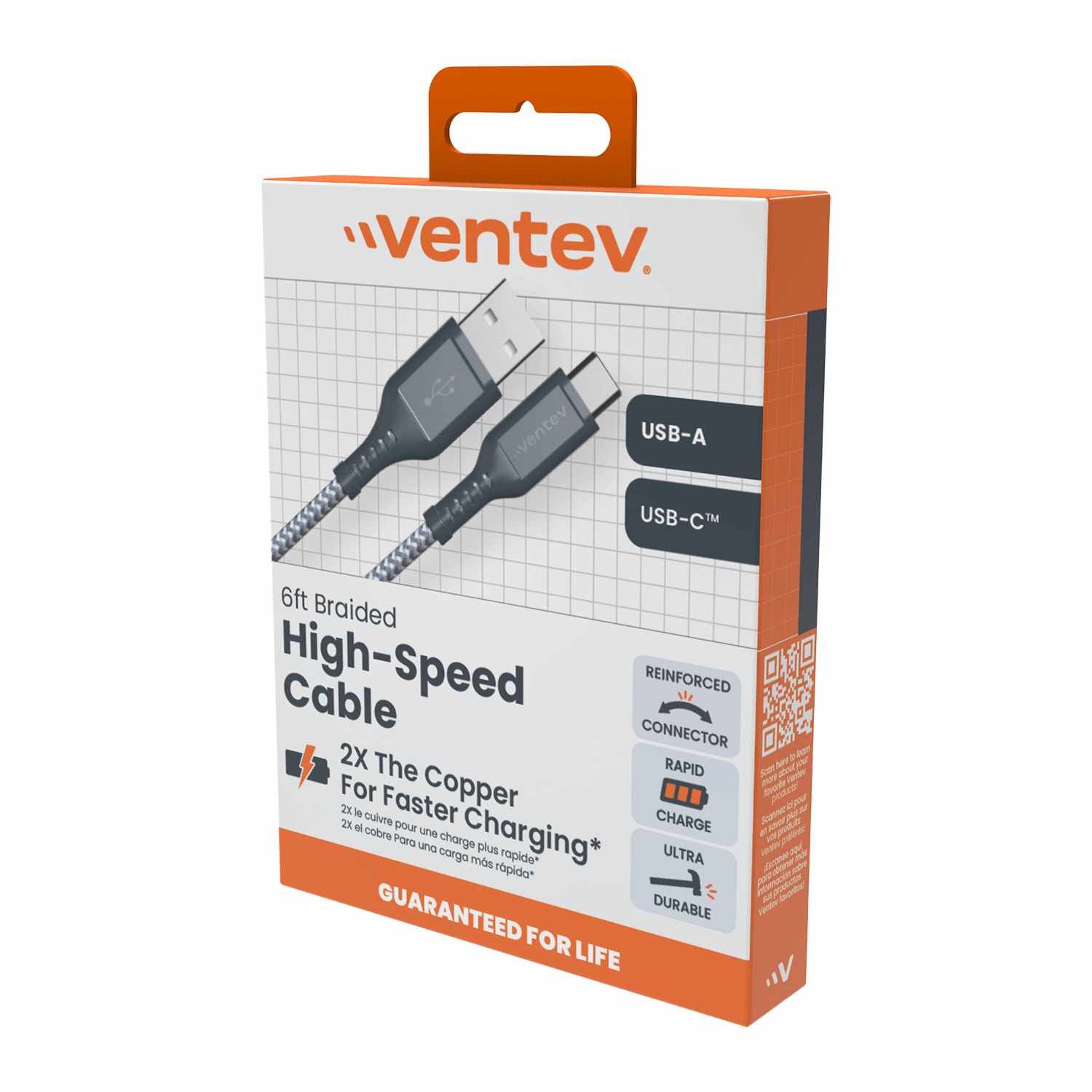Ventev USB-A to USB-C 6 ft Braided Cable Grey