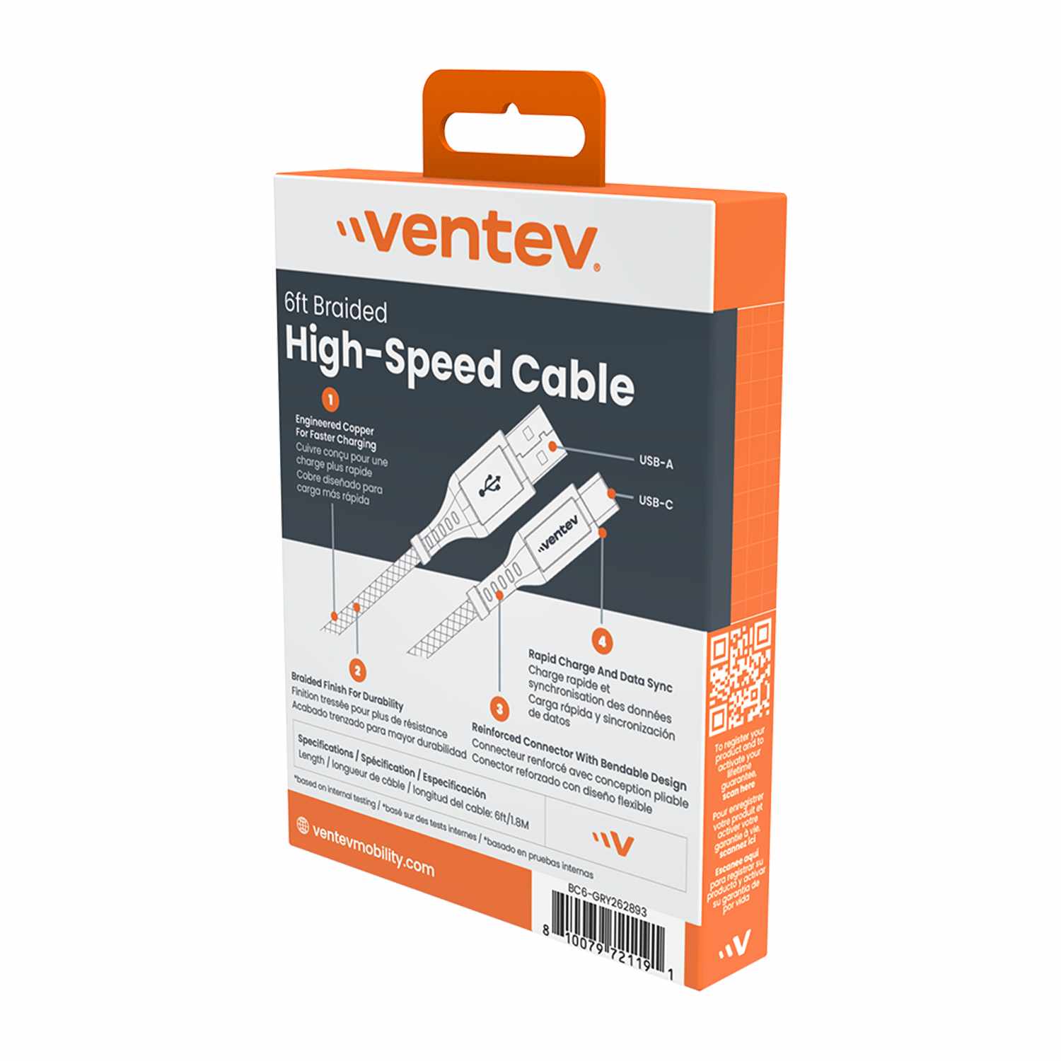 Ventev USB-A to USB-C 6 ft Braided Cable Grey