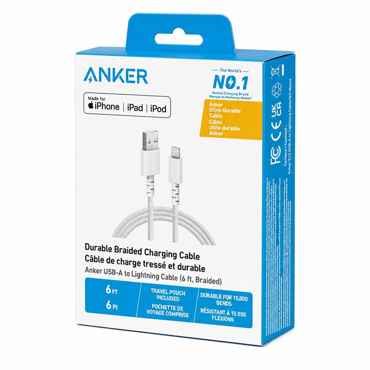 Anker Charge/Sync USB-A to Lightning Braided Cable 6 ft White