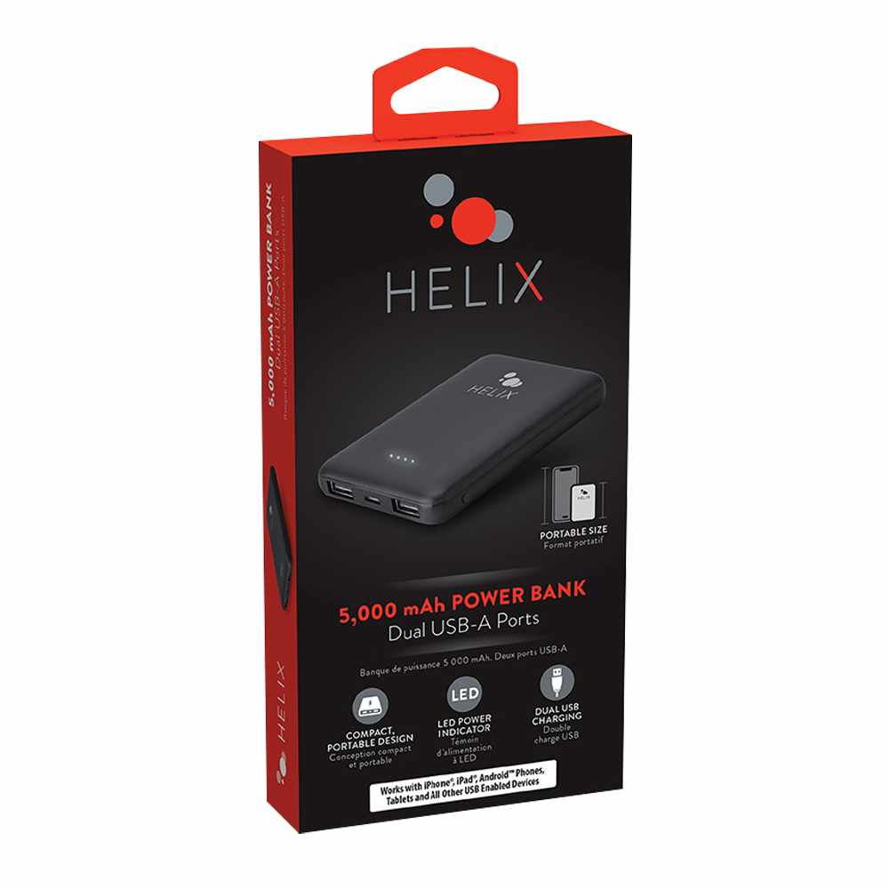 Helix/Retrak Power Bank 5,000 mAh with Dual USB-A Ports Black