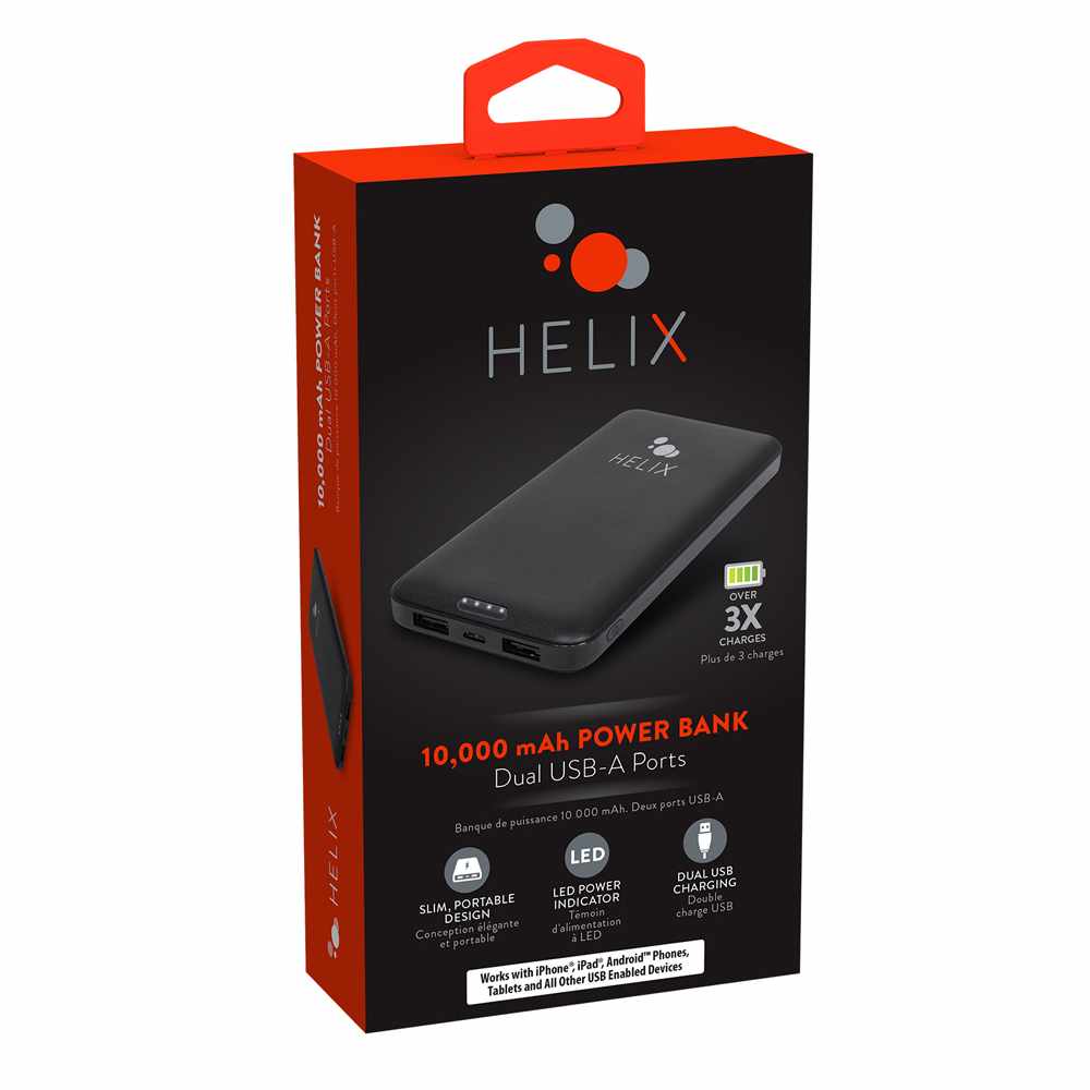 Helix/Retrak Power Bank 10,000 mAh with USB-C and Dual USB-A Ports Black