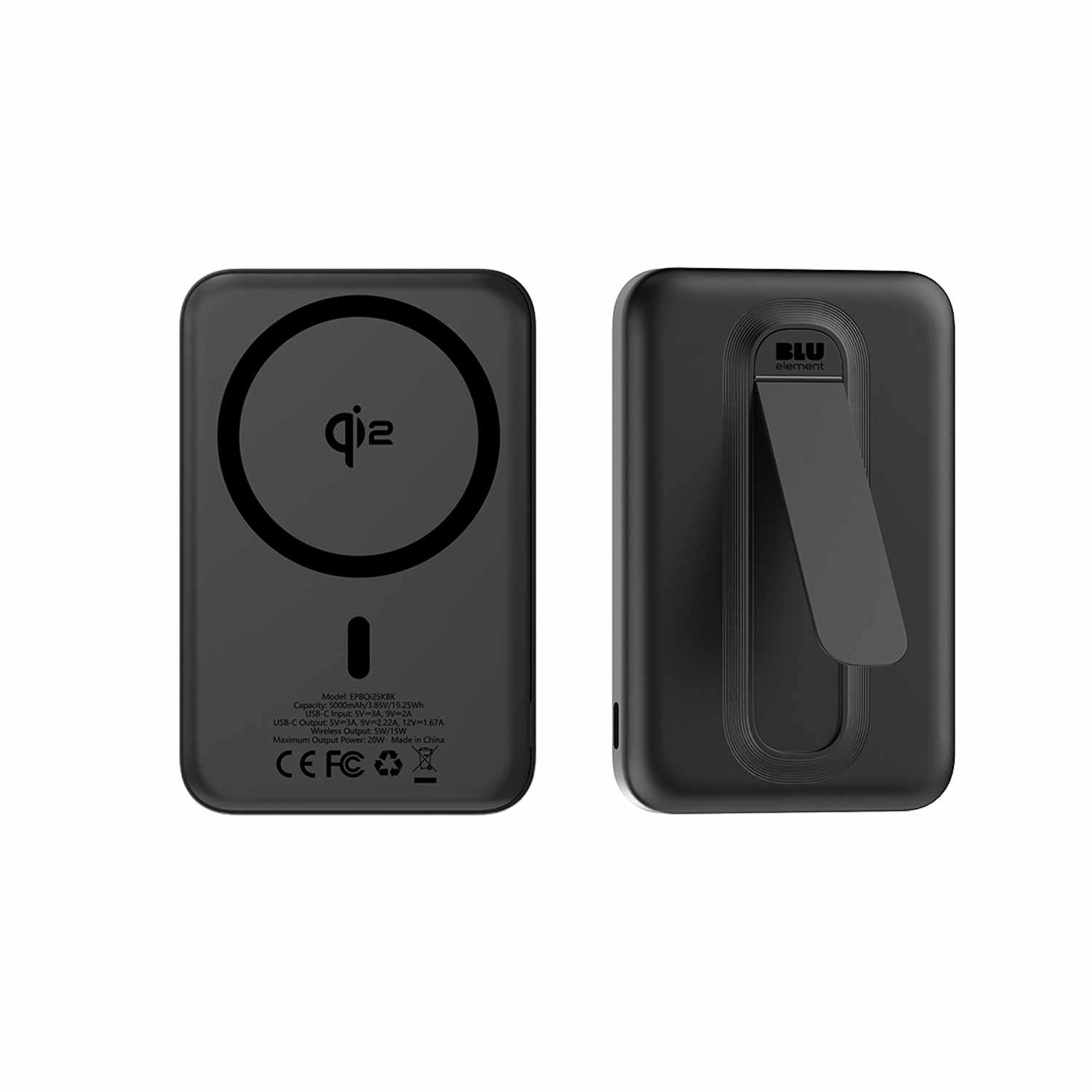 Blu Element Qi2 Slim Wireless Power Bank with Kickstand 5K Black