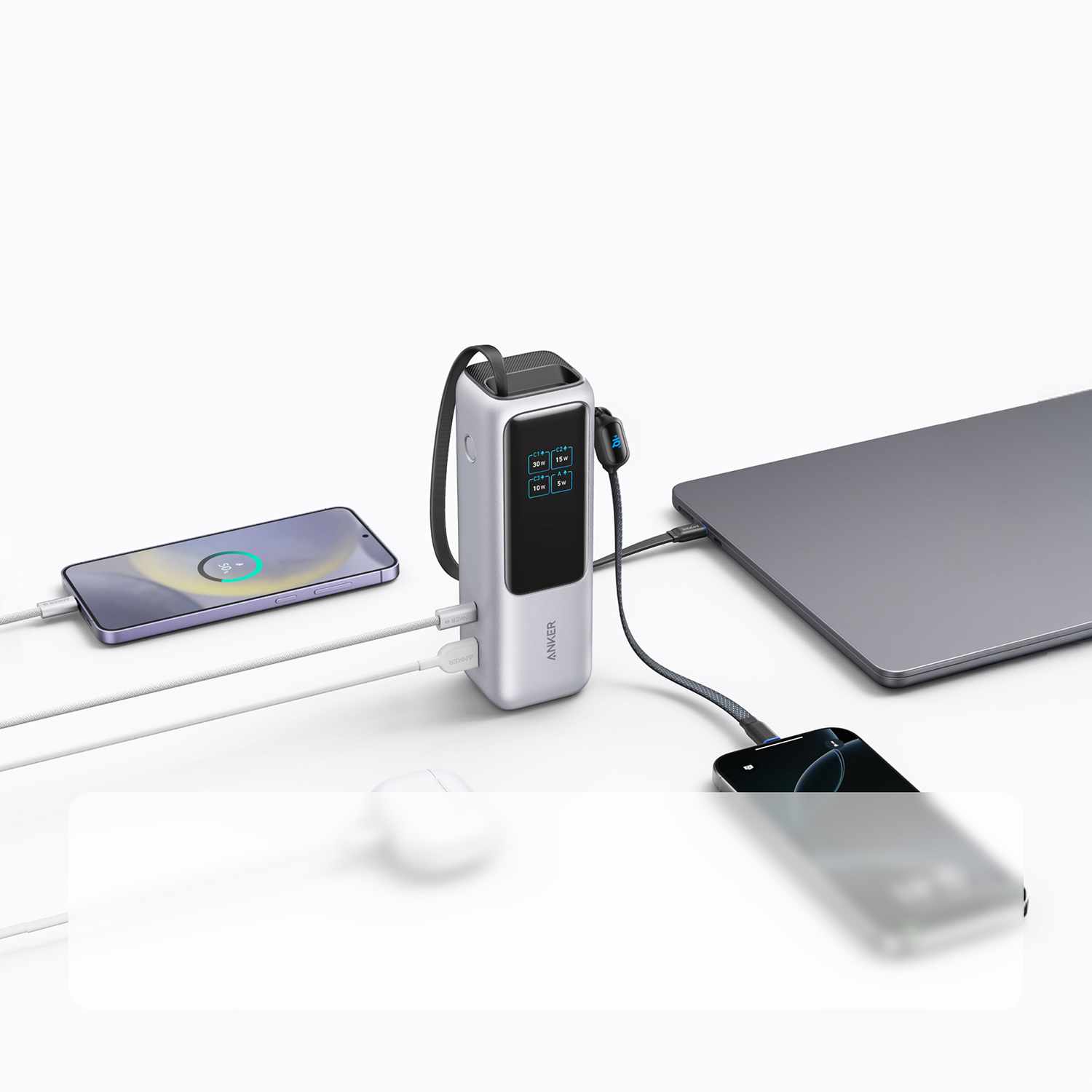 Anker 25000 mAh Power Bank 165W with Built-In USB-C and Retractable Cable Silver