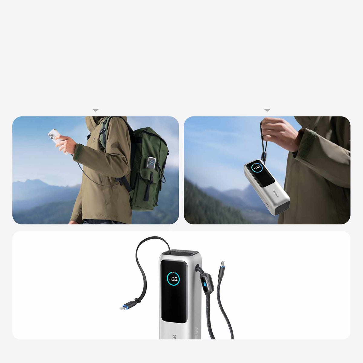 Anker 25,000 mAh Power Bank 165W with Built-In USB-C and Retractable Cable Silver