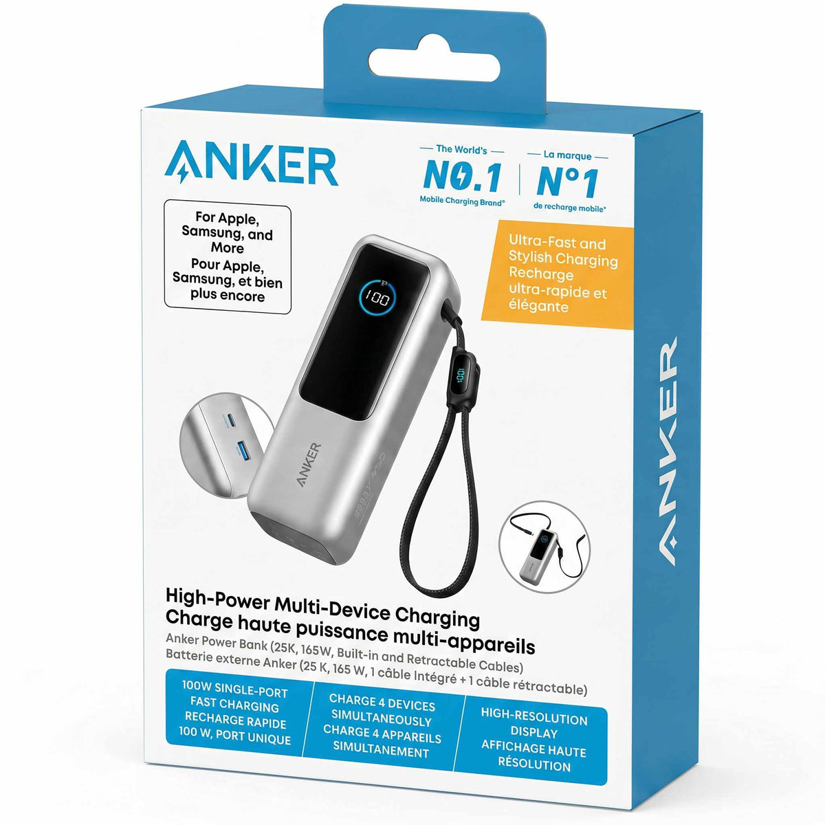 Anker 25,000 mAh Power Bank 165W with Built-In USB-C and Retractable Cable Silver