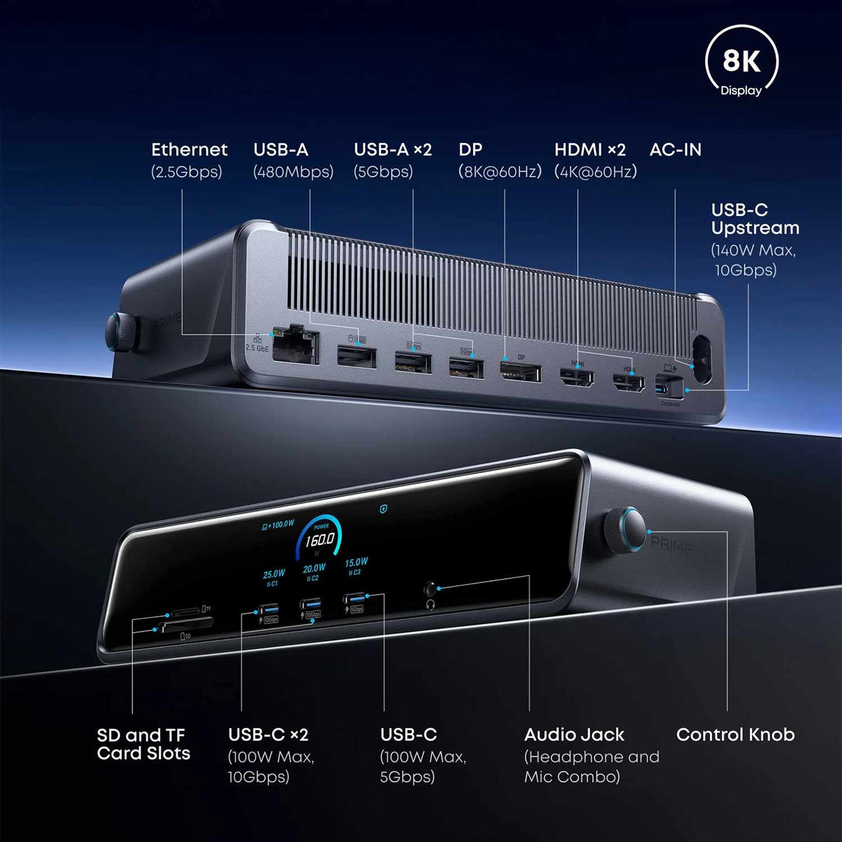 Anker Prime Docking Station with 14-Port Triple Smart Display 140W Max Gray