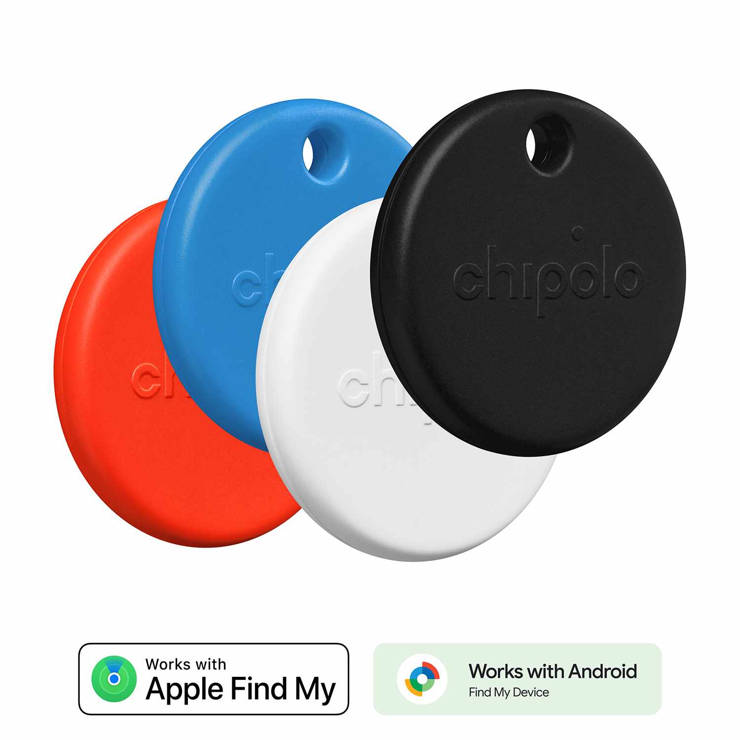 Chipolo POP 4 Pack Tracking Tag (Works with Googleâ€™s Find My Device or Apple Find My) Black/White/Red/Blue