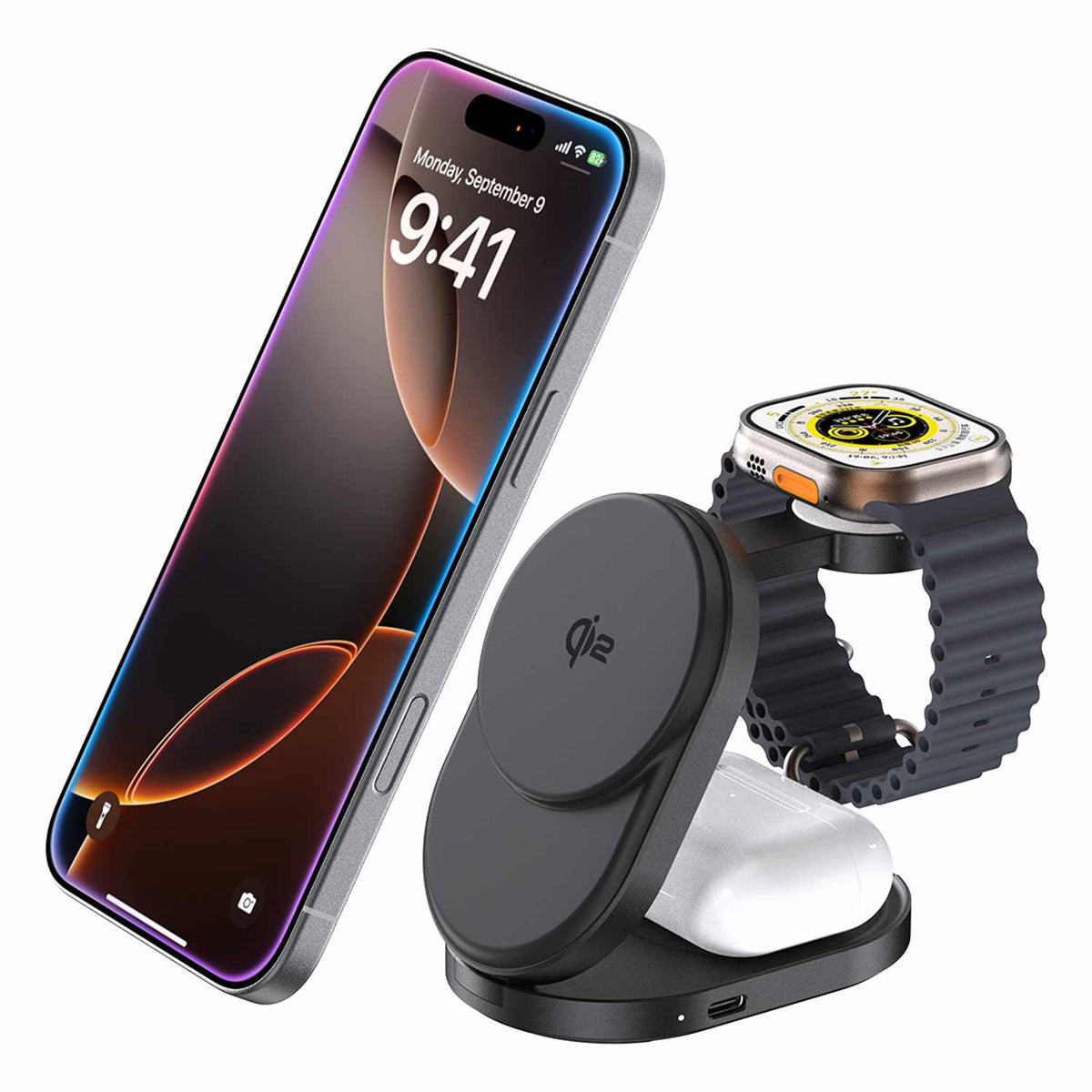 Blu Element BEWCQi23IN1F Qi2 3-in-1 Foldable Wireless Charging Stand 15W MagSafe-Compatible Black