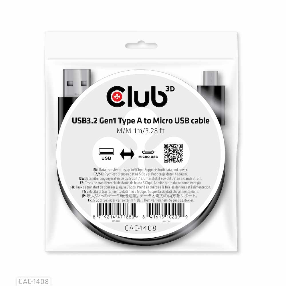 Club3D USB-A 3.2 to Micro USB Cable Male/Male 1m/3.28 ft Adapter Black