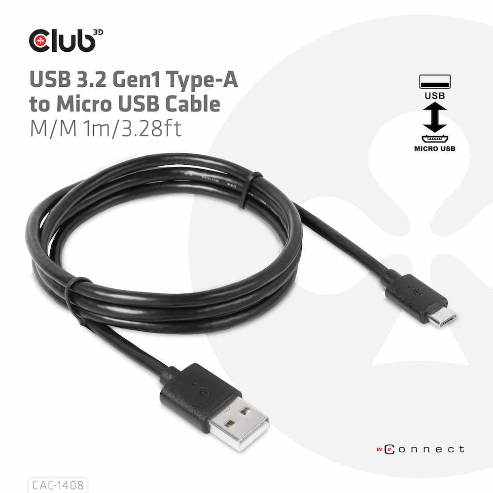 Club3D USB-A 3.2 to Micro USB Cable Male/Male 1m/3.28 ft Adapter Black
