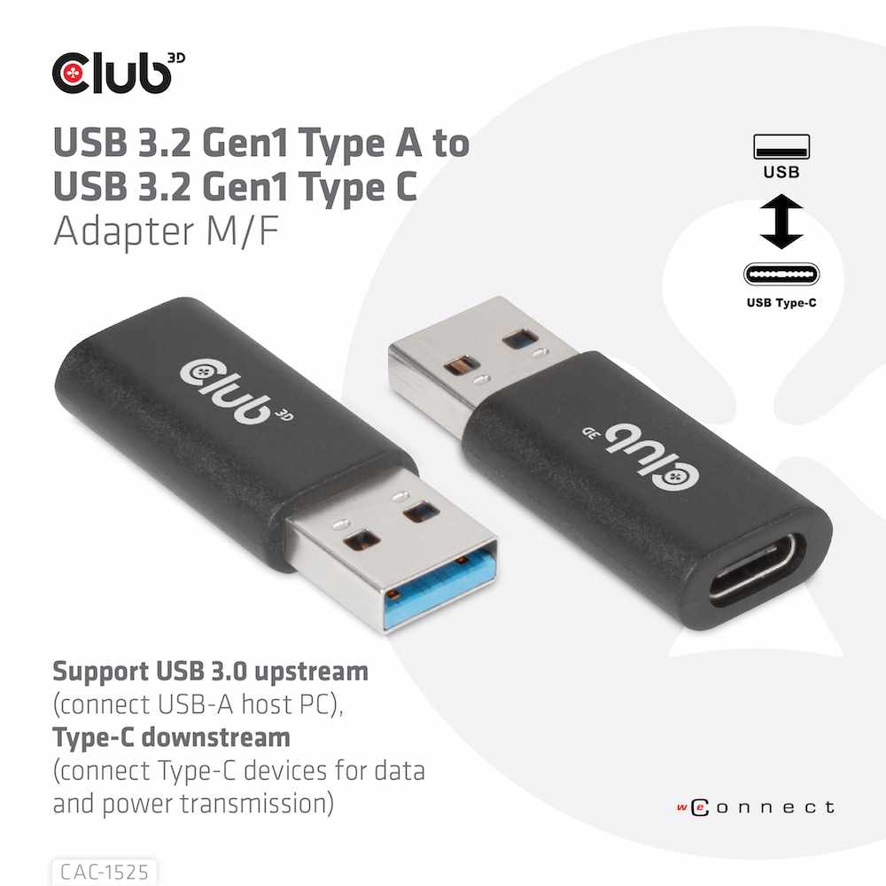 Club3D USB 3.2 to USB-C 3.2 Male/Female Adapter Black