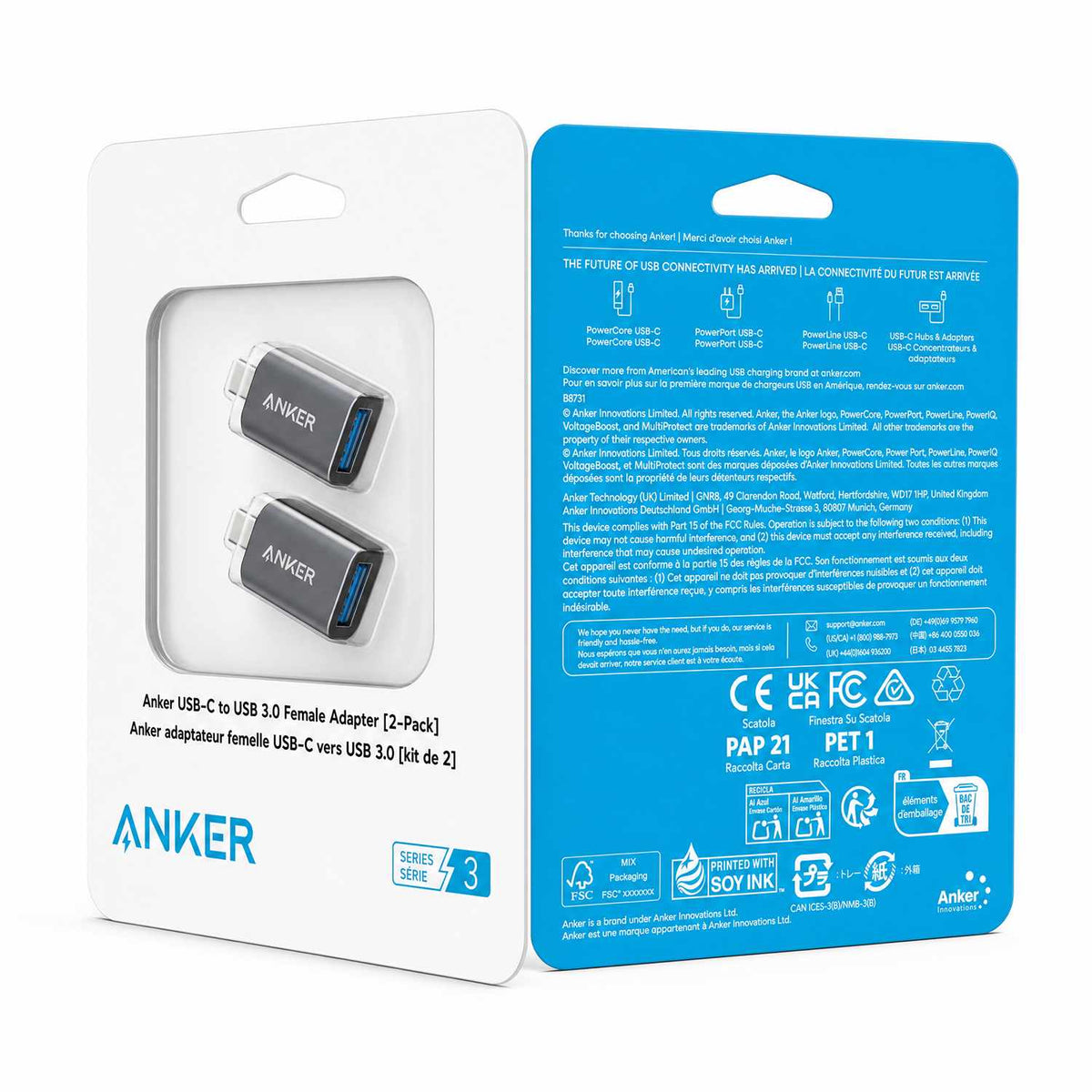 Anker USB-A to USB-A Adapter (2 pack) Gray