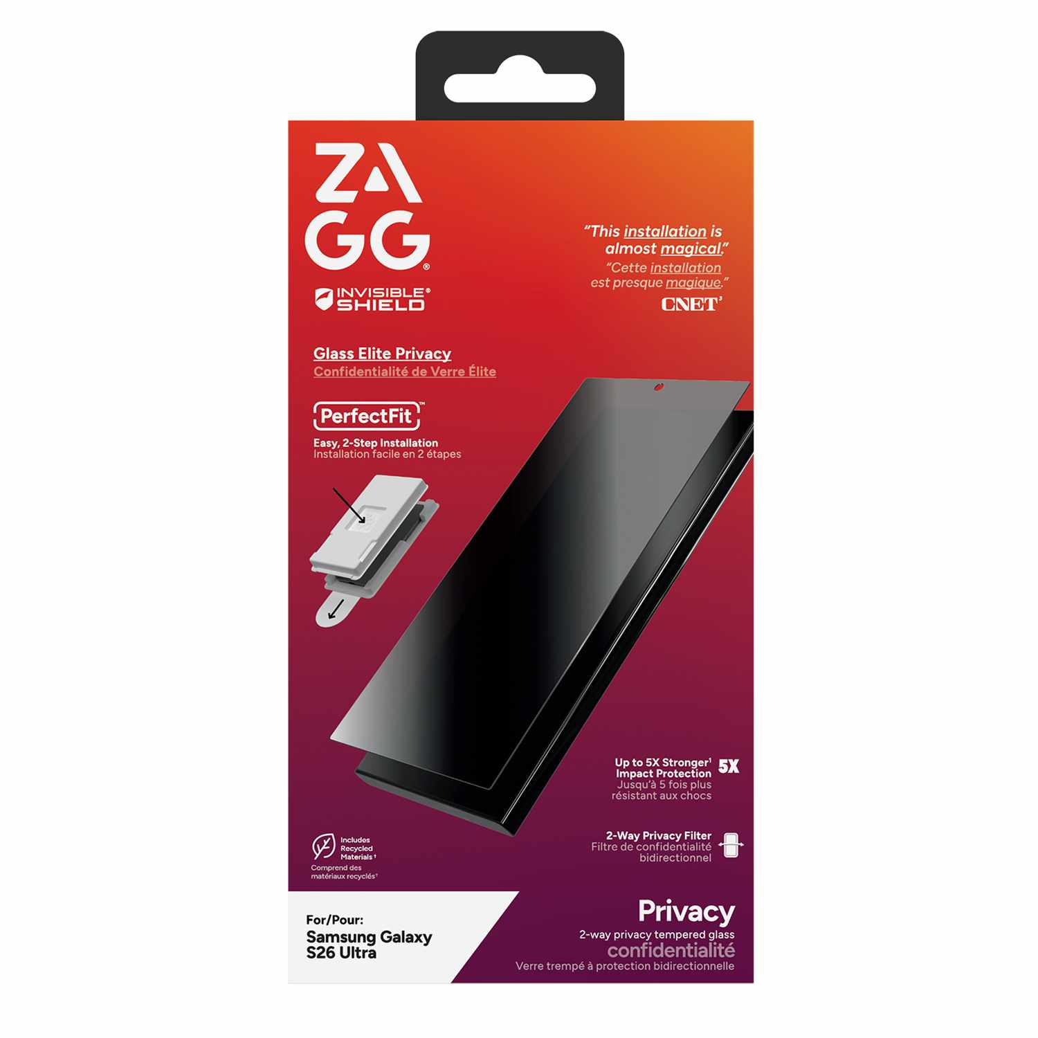 ZAGG InvisibleShield Glass Elite 2-Way Privacy Screen Protector for Galaxy S26 Ultra