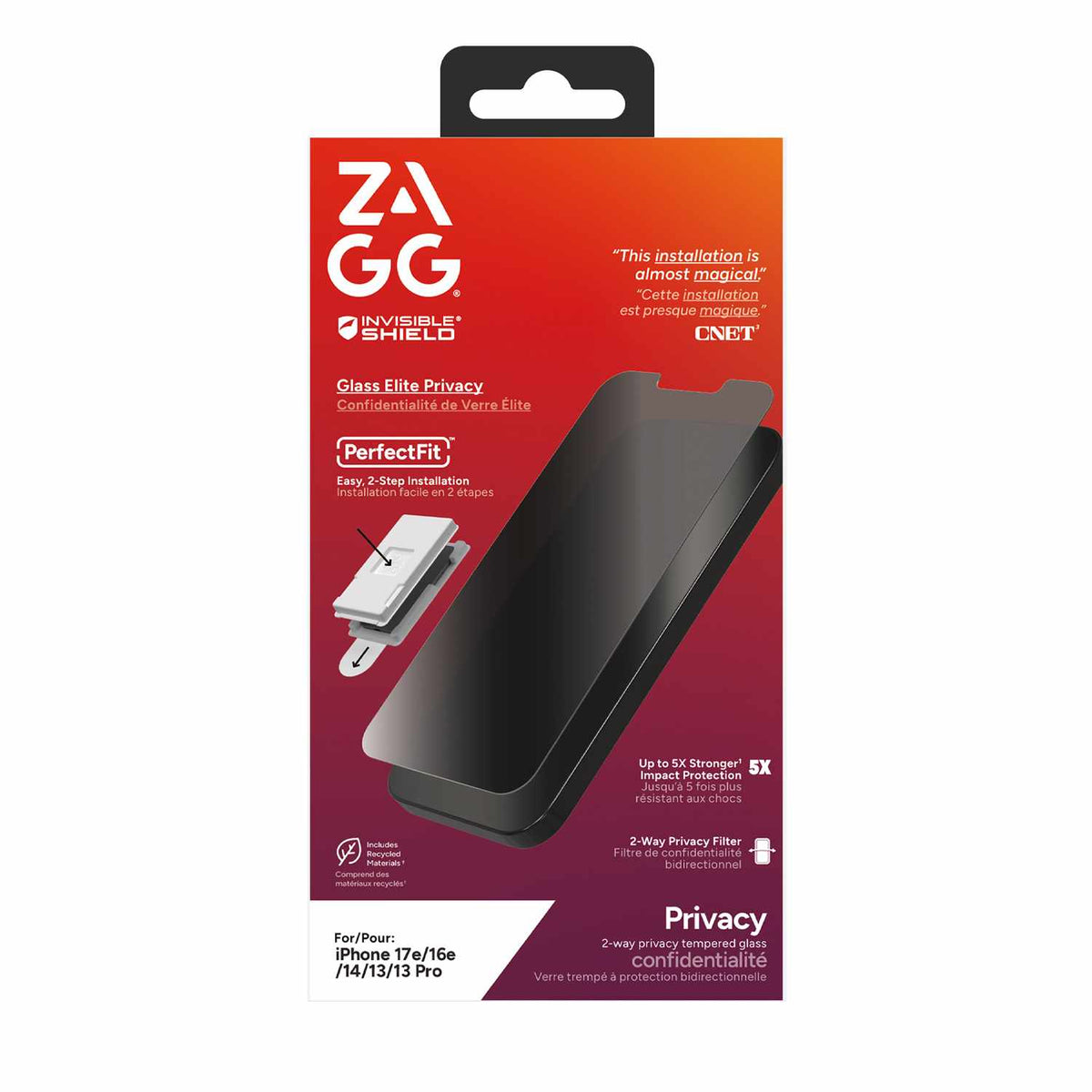 ZAGG InvisibleShield Glass Elite 2-Way Privacy Screen Protector for iPhone 17e, iPhone 16e, iPhone 14, iPhone 13 Pro, iPhone 13