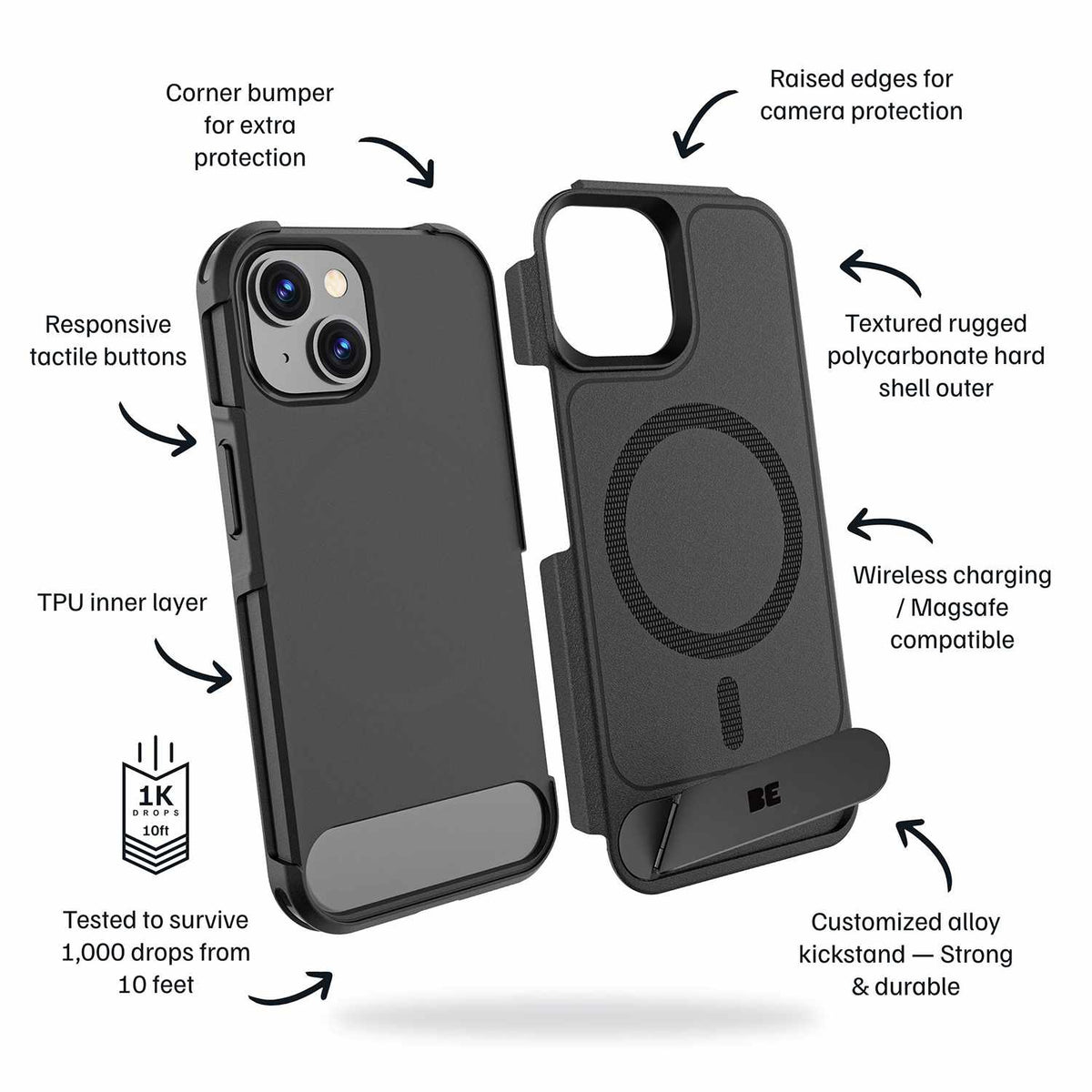 Blu Element Armour Ultra MagSafe with Kickstand Case Black for iPhone 13, iPhone 14, iPhone 15, iPhone 16e, iPhone 17e