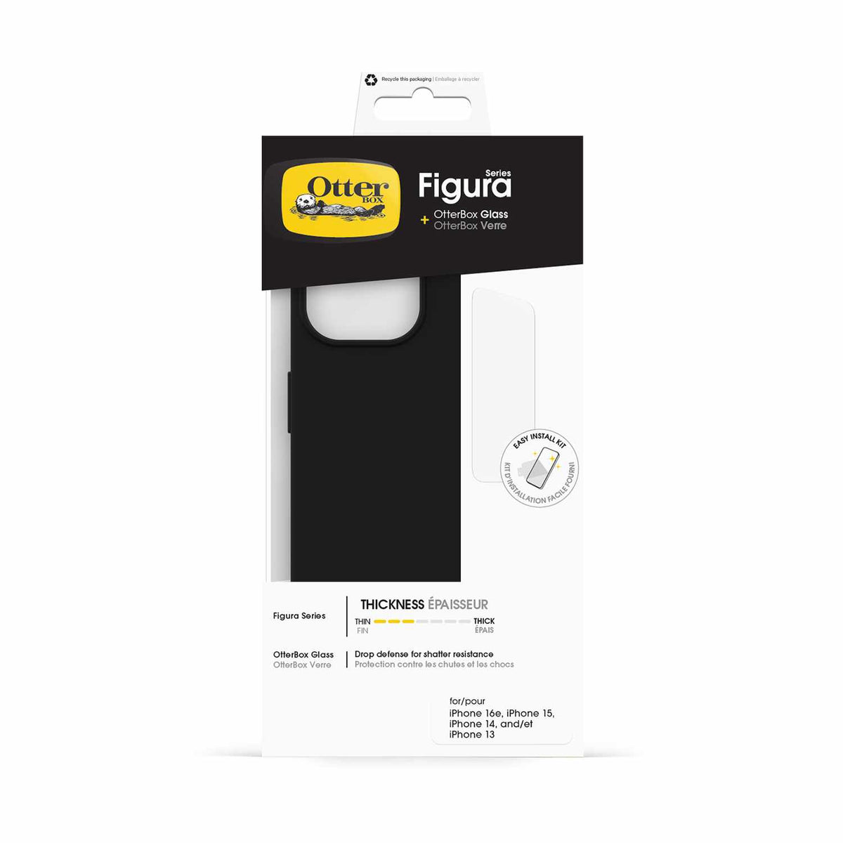 OtterBox Figura Case Black and Glass Screen Protector Bundle for iPhone 17e, iPhone 16e, iPhone 15, iPhone 14, iPhone 13