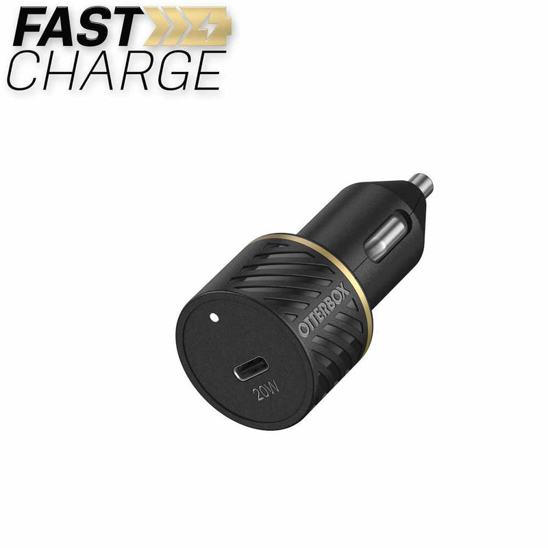 A black car charger, displaying USB-C slot in the back.