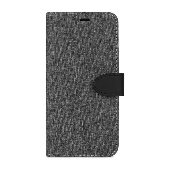 Hand-stitched case cover closed. #color_gray/black