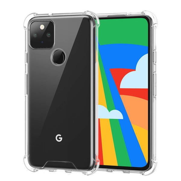 Google Pixel 5 in clear case, with front view and back view.