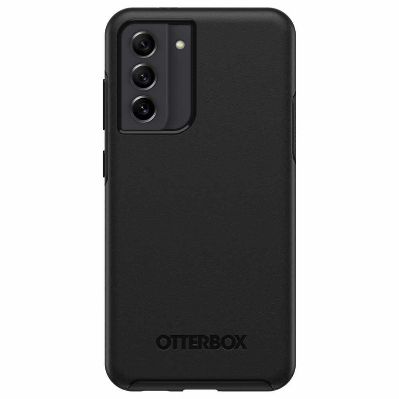 Black Otterbox Symmetry Protective Case for the Samsung Galaxy S21 FE.