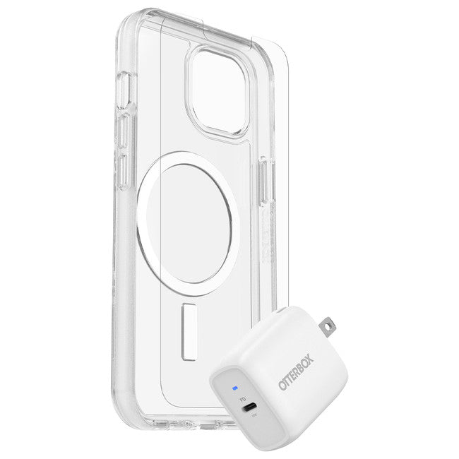 Otterbox - Protection+Power Kit (Symmetry+ with MagSafe in Clear, Trusted Glass Screen Protector and Wall Charging Block(20W) for iPhone 14&13