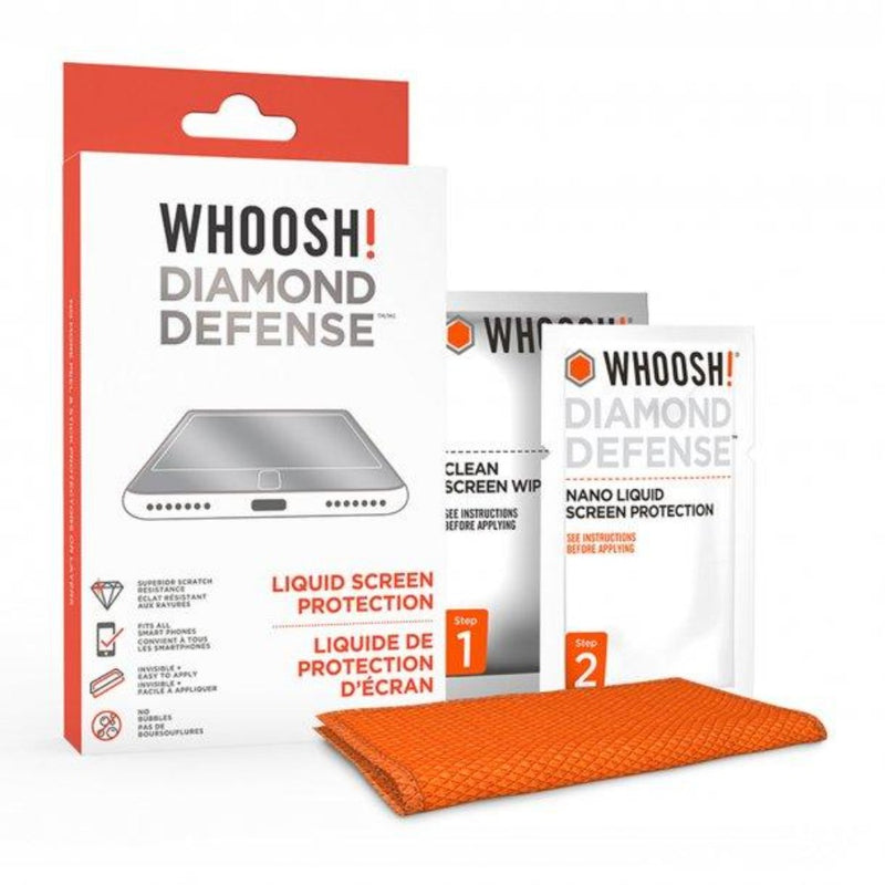 The WHOOSH! Diamond Defense setup, including the liquid screen protection serum and clean screen wipes.