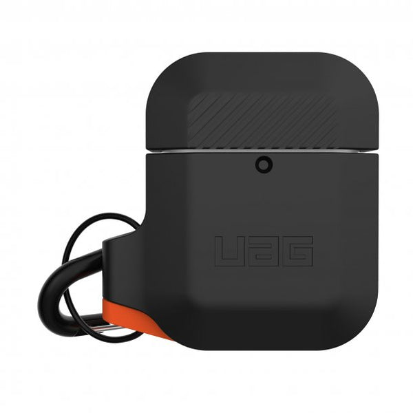Apple Airpods inside a black and orange UAG silicone case. #color_black/orange