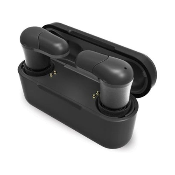 Black wireless iQ earbuds with case open. 